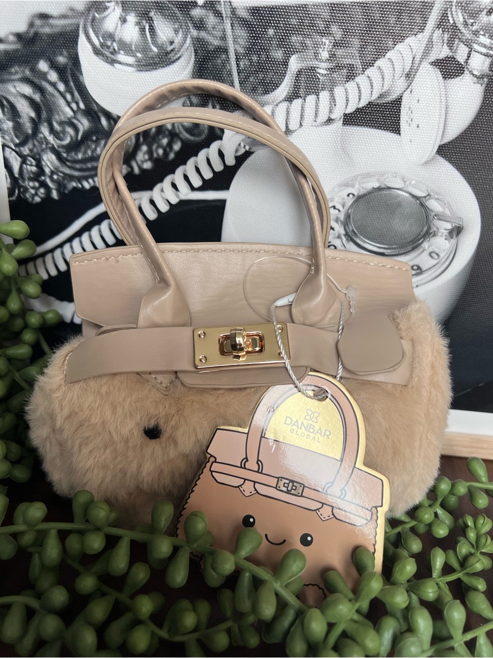Plush Faux Fur Mini Handbag in Beige with Gold Hardware